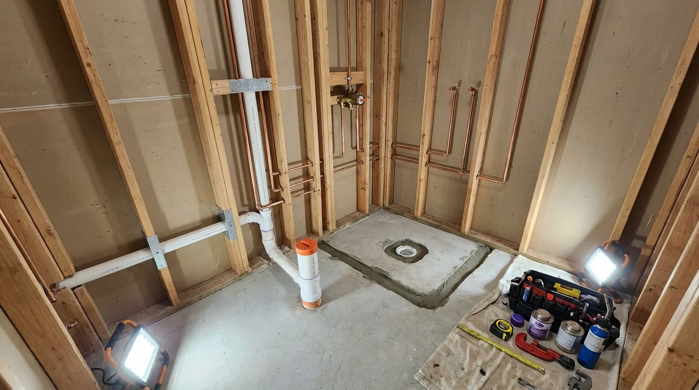 Bathroom rough-in plumbing during remodel by Johns Plumbing LLC in Red Lake Falls