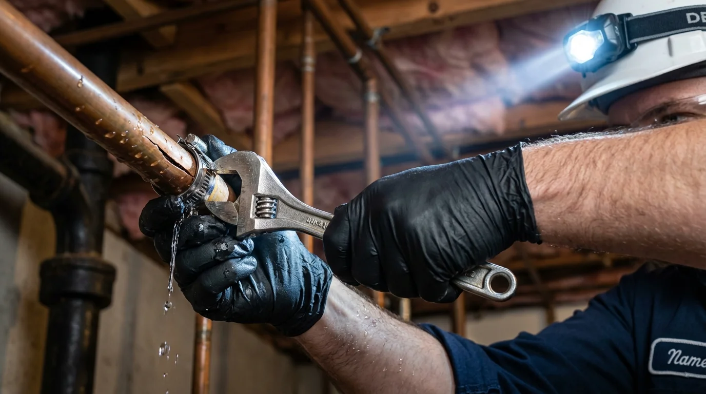 Emergency pipe clamp repair being performed by a Johns Plumbing LLC plumber in Red Lake Falls