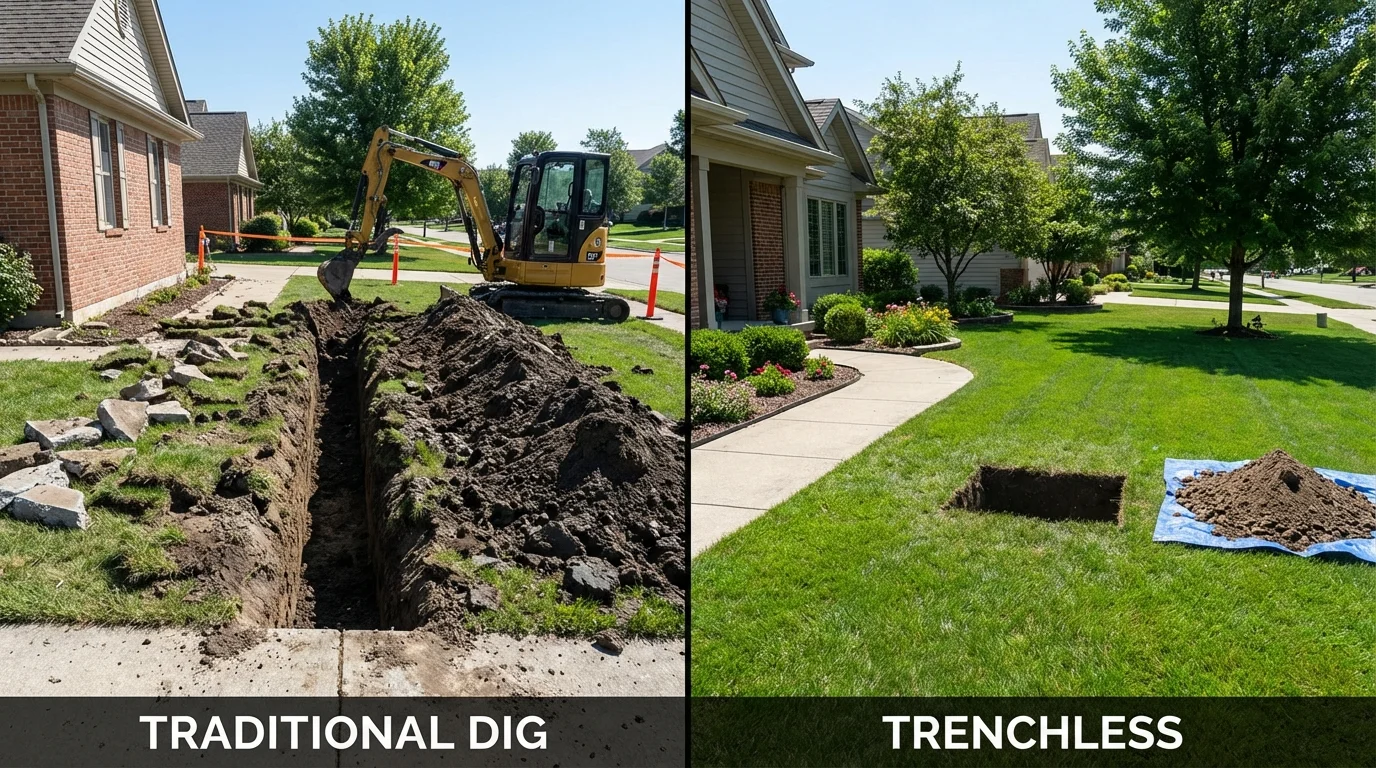 Trenchless sewer repair with minimal yard damage versus traditional excavation in Red Lake Falls, MN