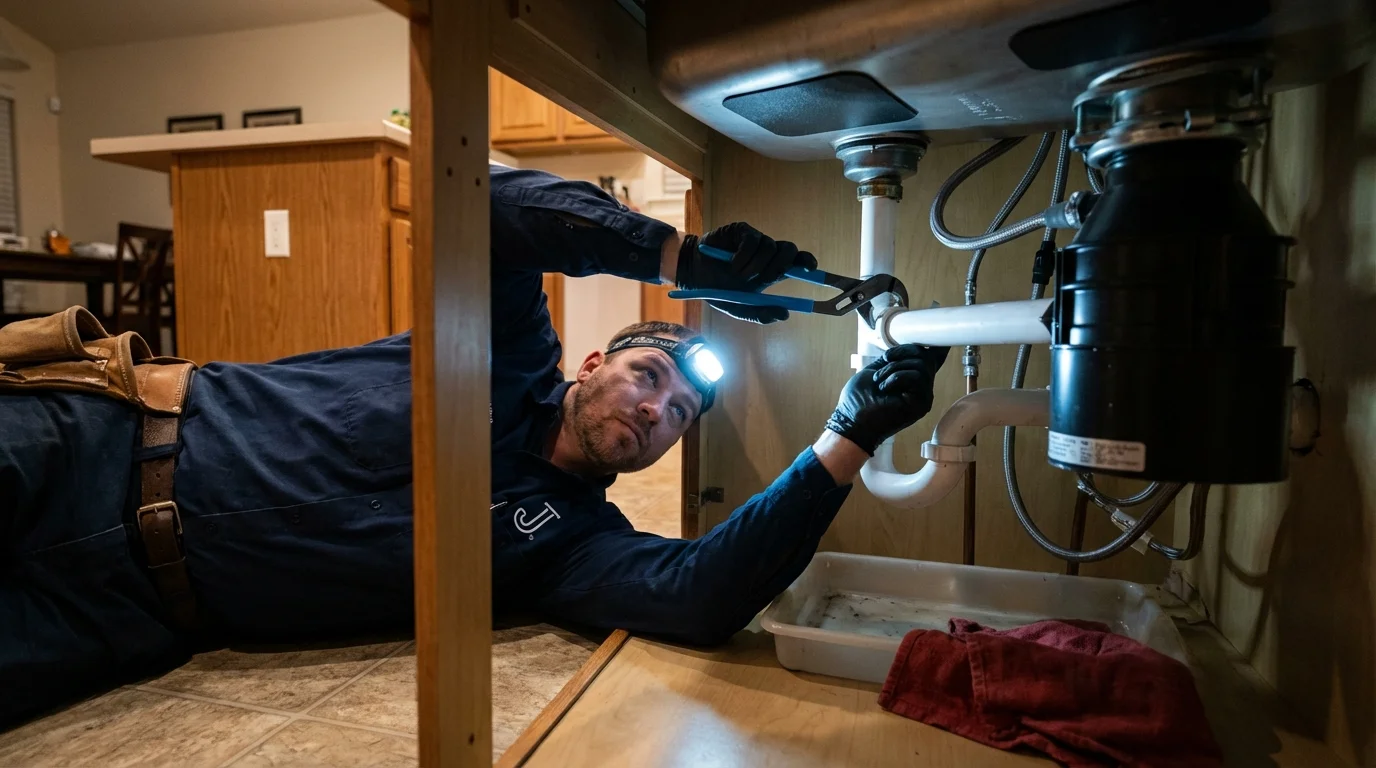 P-trap and supply line connections under a kitchen sink showing a common leak point in Red Lake Falls, MN